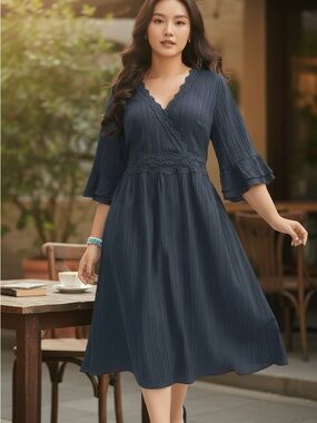 NWT: BloomChic size 12 elegant Navy Lace-Trim  Midi Dress